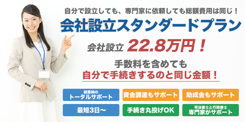 会社設立 22.8万円！スタンダード プラン